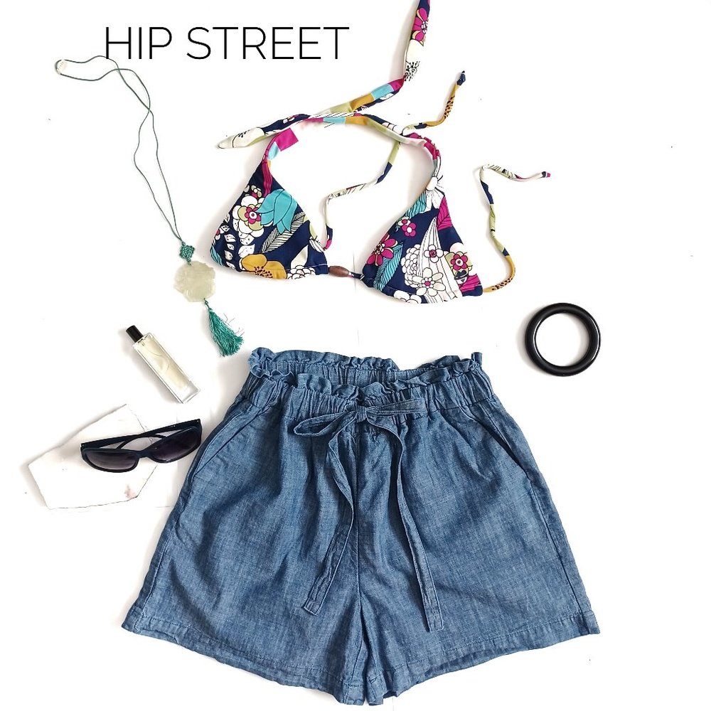 A NEW DAY Paper Bag Waist Cotton Chambray High Waist Shorts S